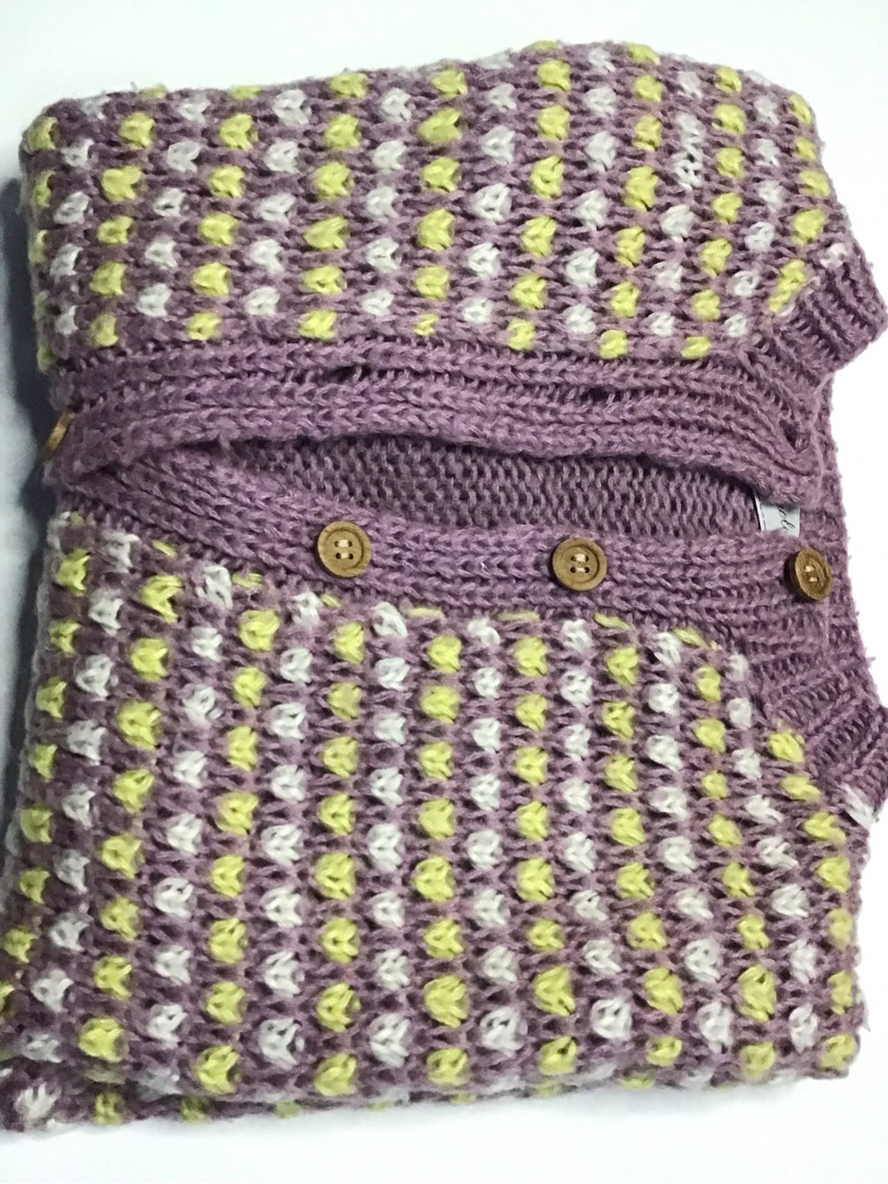 Women’s cozy vintage Lilac Knit cardigan Sweater Yellow & White Stitch Detail - Picture 9 of 11